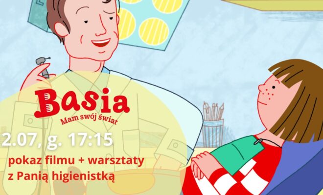 kadr z animacji, dziewczyna na fotelu dentystycznym, widać lampy w gabinecie, szafkę, przybory dentysty, obok uśmiechnięty mężczyzna w kitlu.