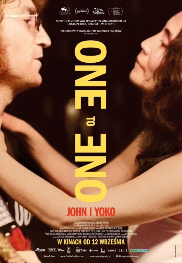 Plakat filmu dokumentalnego „One to One: John i Yoko”, pokazujący zbliżenie pary patrzącej sobie w oczy z dużym, żółtym napisem „ONE TO ONE”.