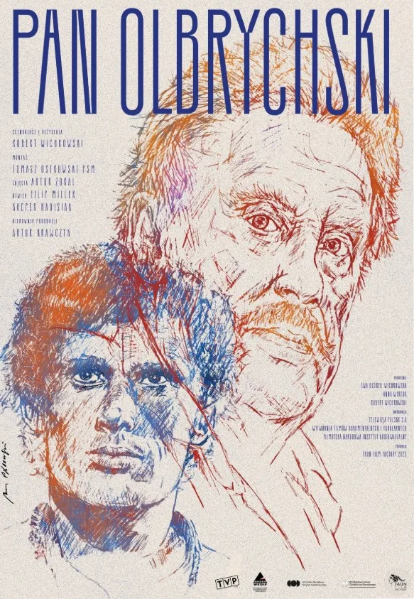 plakat - dwa przenikające się portrety, rysunki w kolorze - przedstawiające Daniela Olbrychskiego