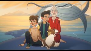 kadr z filmu animowanego. Dwóch chłopców i pies siedzą przy starszej osobie ubranej na czerwono, której siwe włosy unoszą się nad nimi w powietrzu. W tle niebo i szczyty gór.