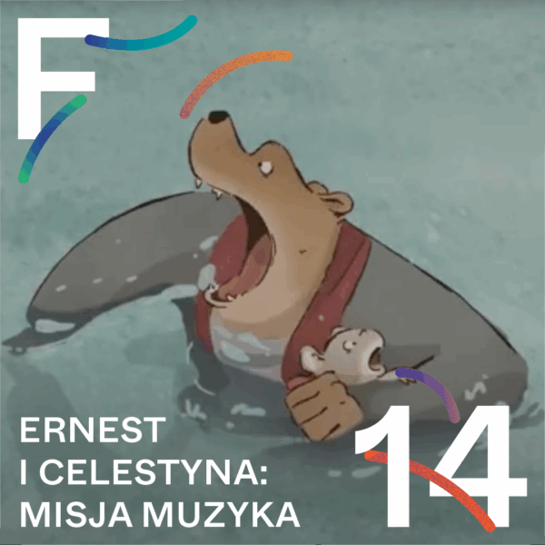 kadr z animacji. miś w marynarce, w wodzie, połyka rybę