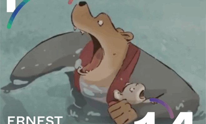 kadr z animacji. miś w marynarce, w wodzie, połyka rybę