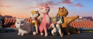 5 kotów o różnym umaszczeniu na dachu. kadr z filmu animowanego