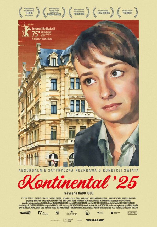 plakat, stylizowany na obraz. na tle kamienicy kobieta z grzywką w koszuli i marynarce, patrzy lekko w bok. napisy w stylu retro