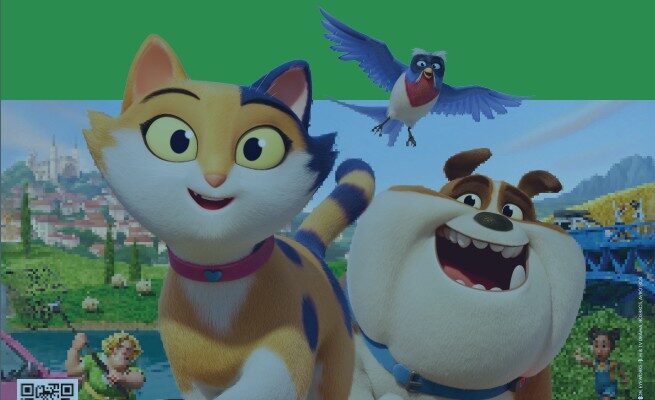 Plakat. Biegnące z stronę widza zwierzęta: buldog, kot, za nimi leci ptak i widać miasteczko.