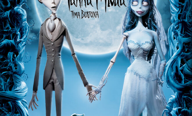 plakat. na te jasnego nocnego nieba, rozświetlonego księżycem, mężczyzna i kobieta - postaci z animacji - trzymają się za ręce. ona w sukni ślubnej, on w garniturze.