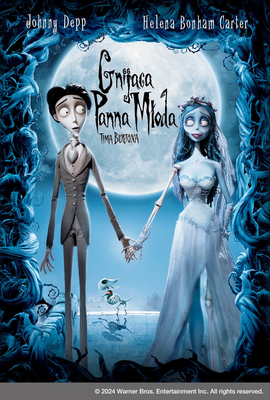 plakat. na te jasnego nocnego nieba, rozświetlonego księżycem, mężczyzna i kobieta - postaci z animacji - trzymają się za ręce. ona w sukni ślubnej, on w garniturze.