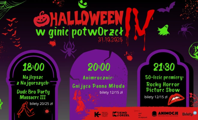 grafika z repertuarem - trzy seanse jako napisy na nagrobkach