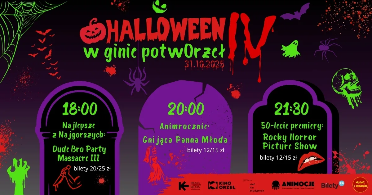 grafika z repertuarem - trzy seanse jako napisy na nagrobkach