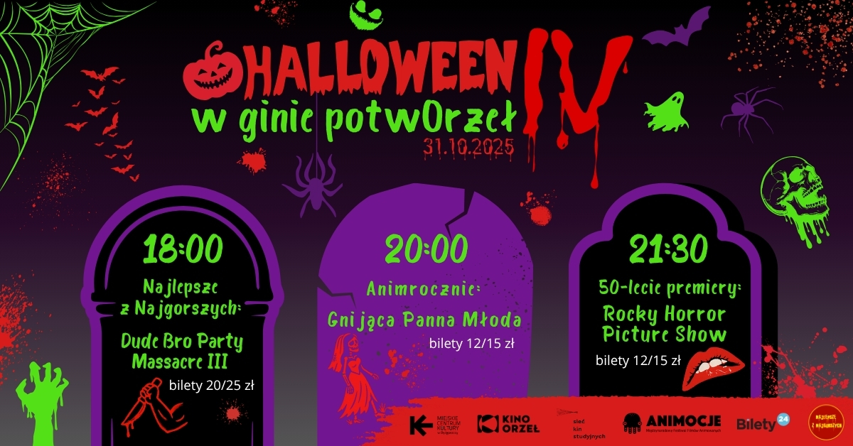 grafika z repertuarem - trzy seanse jako napisy na nagrobkach