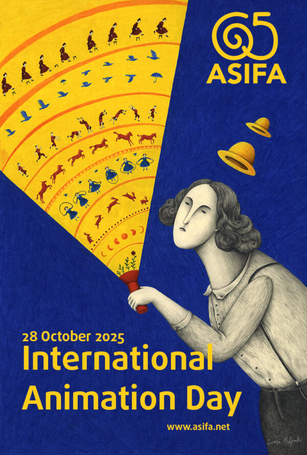 plakat. czarno-biała postać z unoszącymi się dwoma cylindrami nad głową świeci latarką, w której pojawiają się ciągi rysunków przypominających sekwencje kadrów w prostych animacjach.