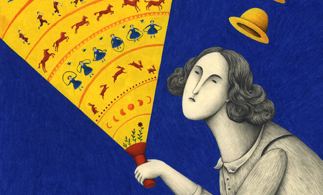 plakat. czarno-biała postać z unoszącymi się dwoma cylindrami nad głową świeci latarką, w której pojawiają się ciągi rysunków przypominających sekwencje kadrów w prostych animacjach.