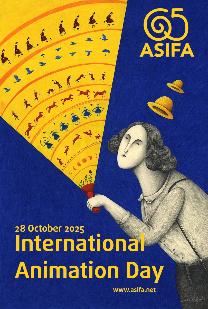 plakat. czarno-biała postać z unoszącymi się dwoma cylindrami nad głową świeci latarką, w której pojawiają się ciągi rysunków przypominających sekwencje kadrów w prostych animacjach.