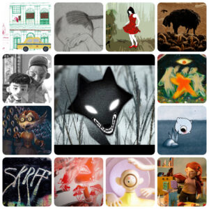 kolaż kadrów z filmów animowanych - m.ni. wilk, kobieta w czerwonej sukience, żółte auto przed budynkiem