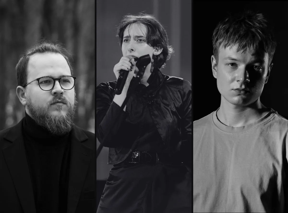 czarno-białe 3 zdjęcia- mężczyzna w czerni, w okularach, z brodą, kobieta w czarnym płaszczu, z mikrofonem, młody mężczyzna w szarym t-shircie.