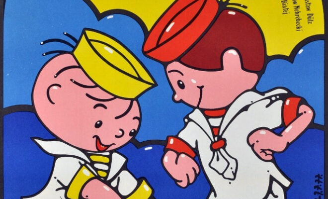 plakat - dwaj chłopcy w strojach marynarzy. kadr z animacji.