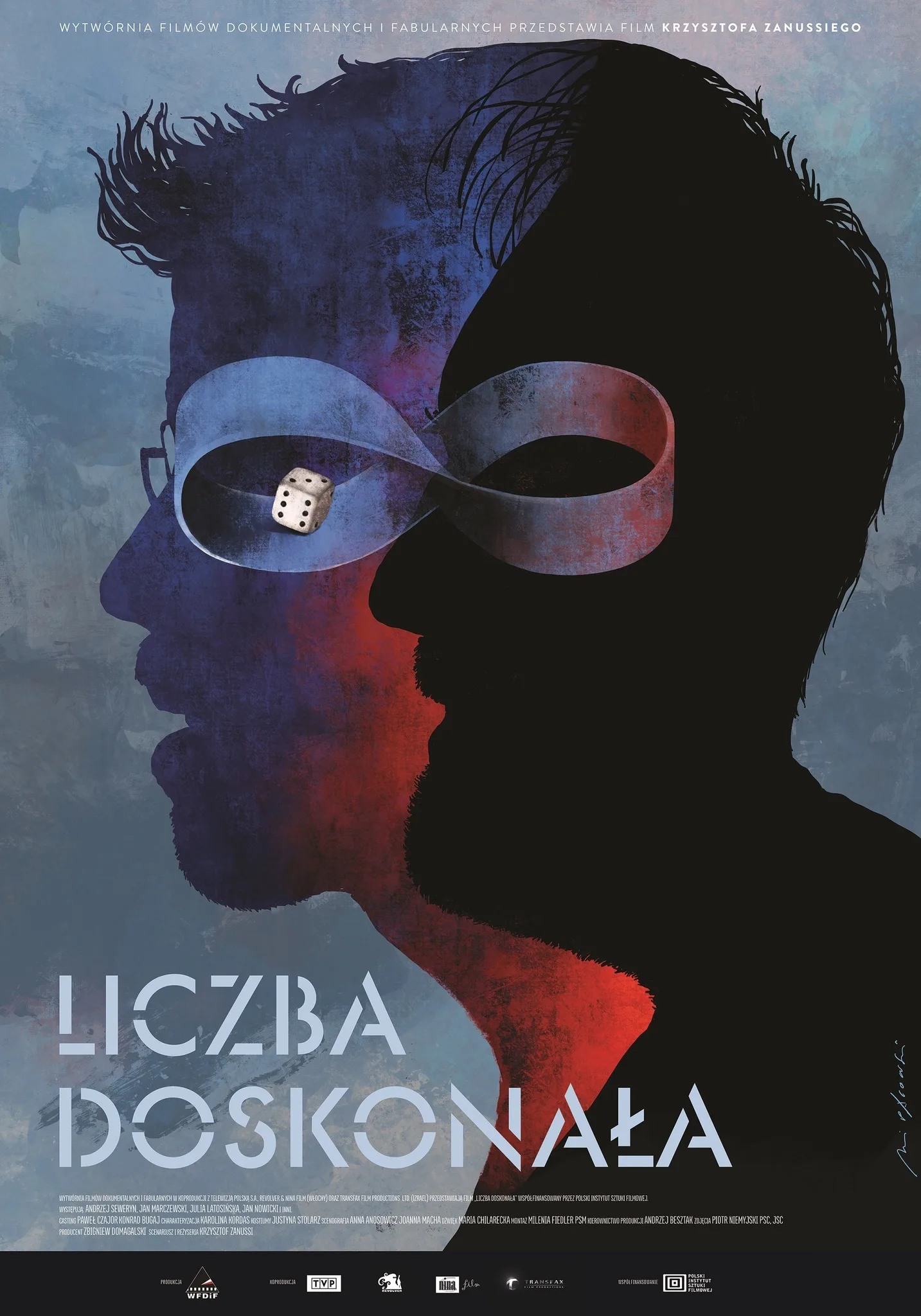 dwa nachodzące na siebie cienie mężczyzny z profilu, na nich znak nieskończoności, a w nich kostka do gry.