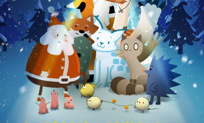 plakat. na tle wieczornego śnieżnego krajobrazu stoi grupa postaci: Mikołaj i kilka zwierząt leśnych i ptaków. Pada śnieg.