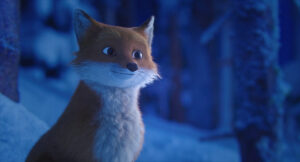 w półmroku, lis na tle ośnieżonego lasu