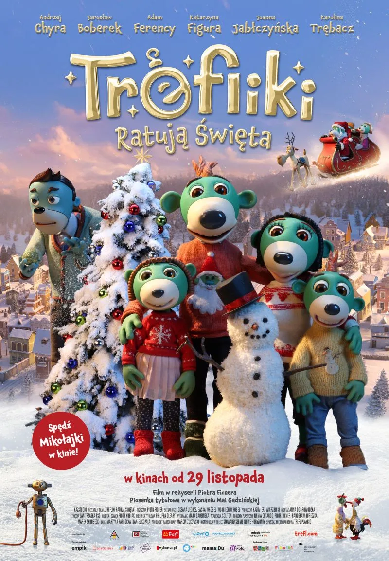 plakat. na tle ośnieżonego krajobrazu przy choince i bałwanie stoi rodzina 4 zielonych misiów, obejmując się i uśmiechając.