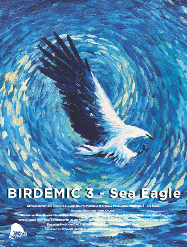 orzeł na tle wirującego błękitno-granatowo-żółtego nieba. obraz olejny