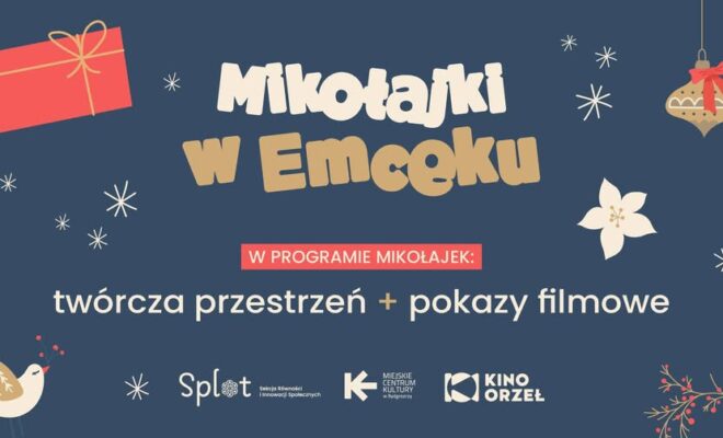 grafika promująca mikołajki - na granatowym tle prezent, bombka, płatki śniegu.