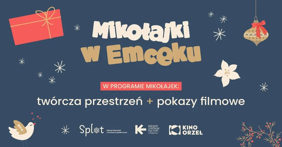 grafika promująca mikołajki - na granatowym tle prezent, bombka, płatki śniegu.