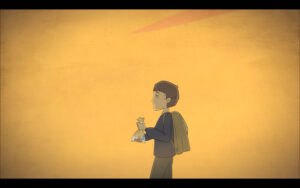 na żółtym tle idzie chłopiec, z plecakiem, trzyma rybkę w wodzie w foliowym worku