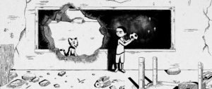 kadr z czarno-białej animacji. chłopiec na tle tablicy, obok dziura w murze, w niej siedzi kot