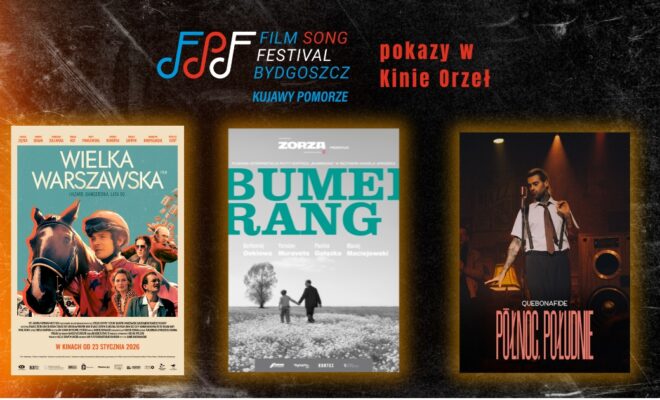 grafika z plakatami filmowymi, dot. pokazów w ramach Film Song Festival