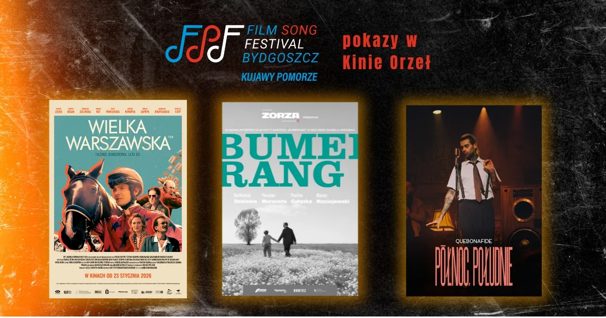 grafika z plakatami filmowymi, dot. pokazów w ramach Film Song Festival