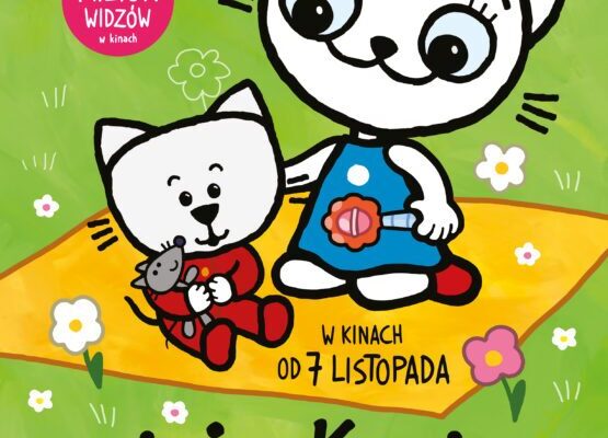 plakat. dwa białe kotki - mały, w czerwonym ubranku, i trochę większy w sukience, siedzą na trawie, na żółtym kocyku.