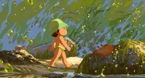 kadr z animacji, mała dziewczynka w majtkach, kapeluszu słonecznym, na tle kamieni i skał.