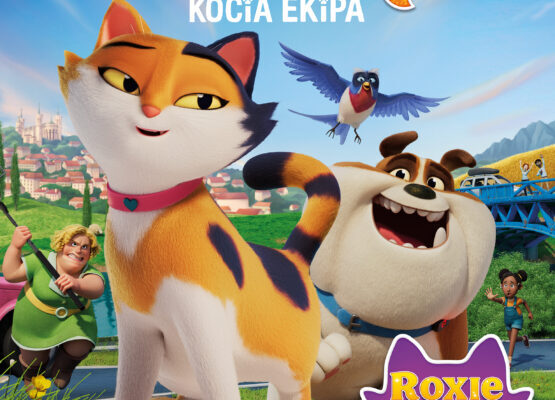 plakat. rudo-czarno-biała pręgowana kotka, za nią buldog, ptak i inne postaci z animacji, w plenerze