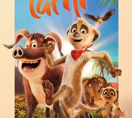 plakat: pędzący dzik, surykatka i inne zwierzęta - bohaterowie animacji