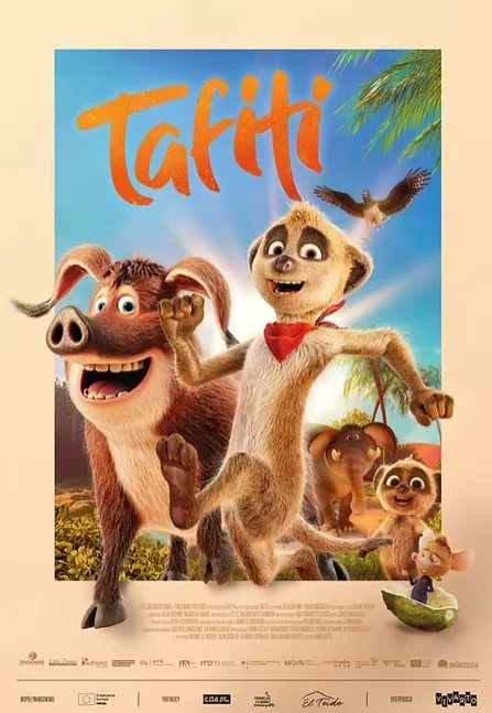 plakat: pędzący dzik, surykatka i inne zwierzęta - bohaterowie animacji