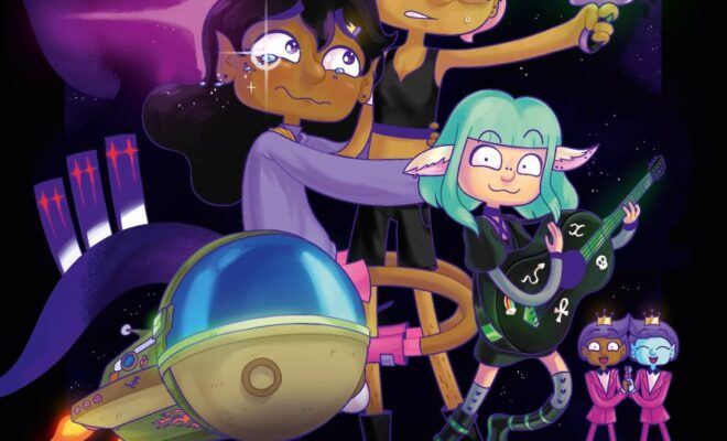 plakat promujący film animowany. trzy dziewczyny z kolorowymi włosami, statek kosmiczny. w tle dwie inne postaci. tło jest ciemne, lekko rozświetlone.