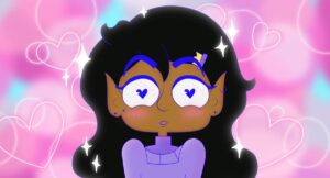 na różowym tle dziewczyna z ciemnymi włosami, we fioletowej bluzce, z sercami zamiast źrenic.