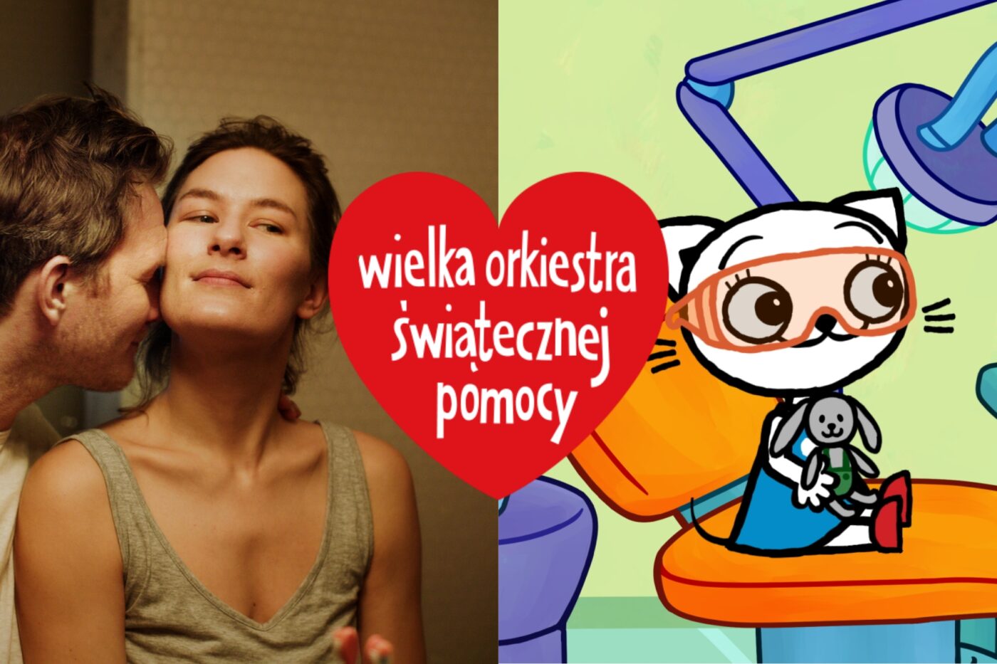 serce wielkiej orkiestry świątecznej pomocy naniesione na kadry z filmów - animowanego o kotku i fabularnego, o parze - kobiecie i mężczyźnie