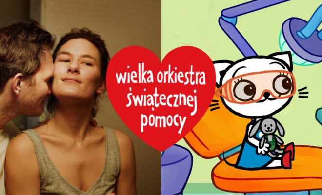 serce wielkiej orkiestry świątecznej pomocy naniesione na kadry z filmów - animowanego o kotku i fabularnego, o parze - kobiecie i mężczyźnie