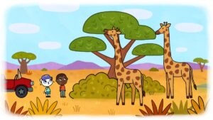 krajobraz safari. dwie żyrafy, biała kotka i ciemnoskóry chłopiec stoją i patrzą na zwierzęta.