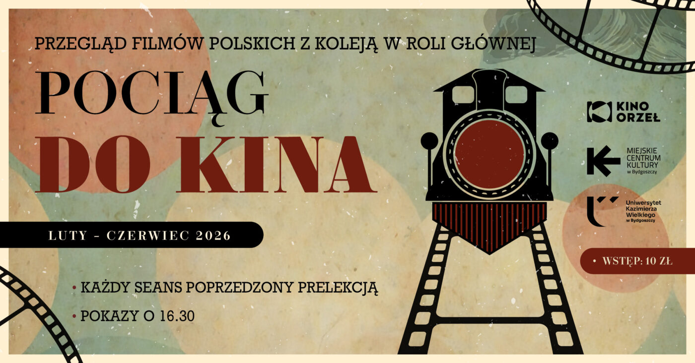 grafika przedstawiająca pociąg - zamiast torów jest taśma filmowa.