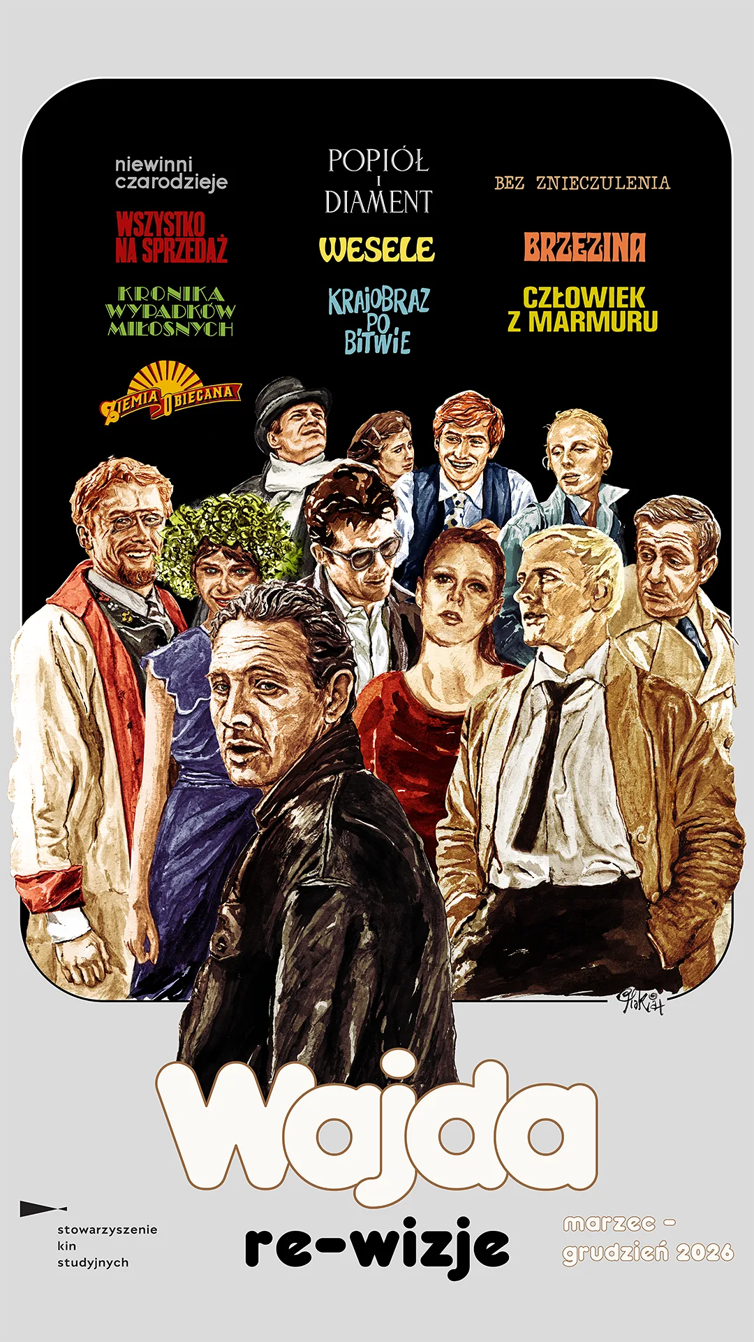 Plakat cyklu filmowego „Wajda – re-wizje”: malarskie portrety bohaterów z filmów Andrzeja Wajdy na czarnym tle; tytuły filmów rozmieszczone nad postaciami; informacja o przeglądzie marzec–grudzień 2026.