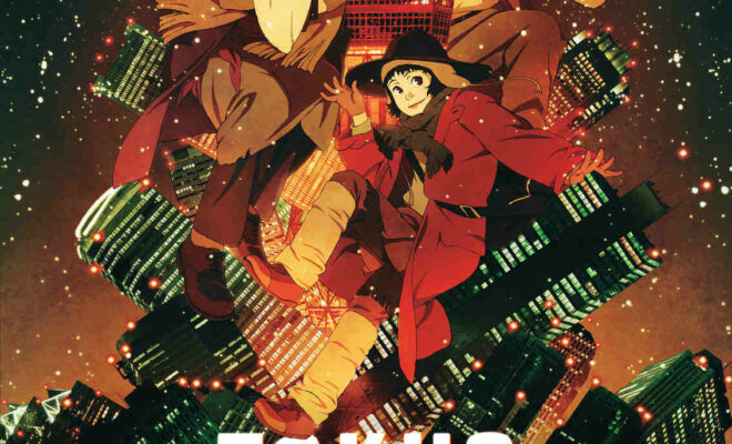 plakat. na tle gwieździstego nieba, nawarstwione chaotycznie drapacze chmur, a na ich tle 4 osoby: dwoje karykaturalnie przedstawionych dorosłych z niemowlakiem na rękach i nastolatka w czerwonym płaszczu.