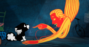 Stylizowana ilustracja animacyjna: mały czarno-biały pies siedzi na podłodze i patrzy w górę na pochylającą się nad nim fantastyczną, czerwono-żółtą postać z długimi skrzydłami. Postać wyciąga rękę w stronę pyska psa, jakby chciała go dotknąć lub nawiązać z nim kontakt. Scena rozgrywa się w ciemnym, niebieskawym wnętrzu z porozrzucanymi przedmiotami i zarysowanym w tle rowerem.