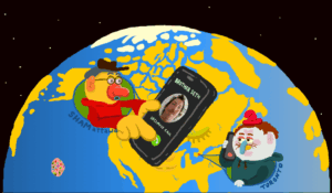 Zniekształcony kolaż przedstawiający fragmenty postaci – widoczne są dłonie, części ubrań oraz nogi dziecka w różowej sukience. Obraz ma efekt cyfrowego rozmazania i deformacji, przez co sylwetki stapiają się w abstrakcyjną kompozycję. Kolory przechodzą od zieleni i błękitu w tle po beże, bordo i róż na pierwszym planie, tworząc wrażenie ruchu i nieciągłości.