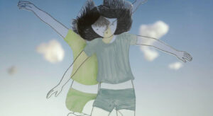 dwie nachodzące na siebie sylwetki postaci z filmu animowanego, skaczące na tle nieba