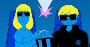 Kadr z filmu animowanego. Chłopak i dziewczyna o żółtych włosach siedzą na fotelach, między nimi znajduje się kubełek z popcornem. Oboje mają na nosie czarne okulary.