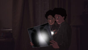 Kadr z filmu animowanego. Chłopacy bliźniacy stoją w ciemnym pomieszczeniu. Przed sobą trzymają zdjęcie rentgenowskie przedstawiające obraz klatki piersiowej.