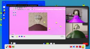 Kadr z filmu animowanego. Ekran komputera podzielony na trzy części. W największej części widać zdjęcie starszej pani w okularach. W dwóch pozostałych widać dwie kobiety.